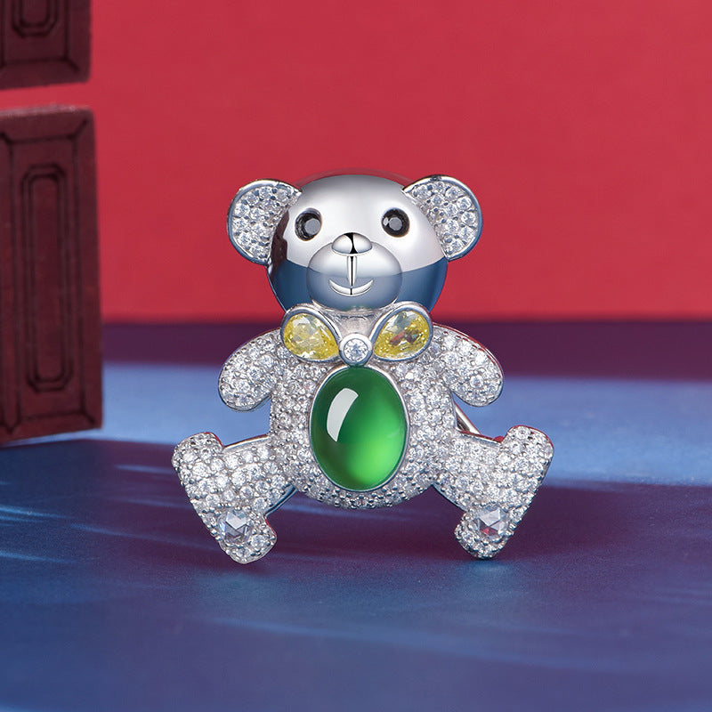 S925 Argent Pave Broch 8x6mm Ovale Green Chalcédoine 7g Platine Platine Cadeau de mode B
