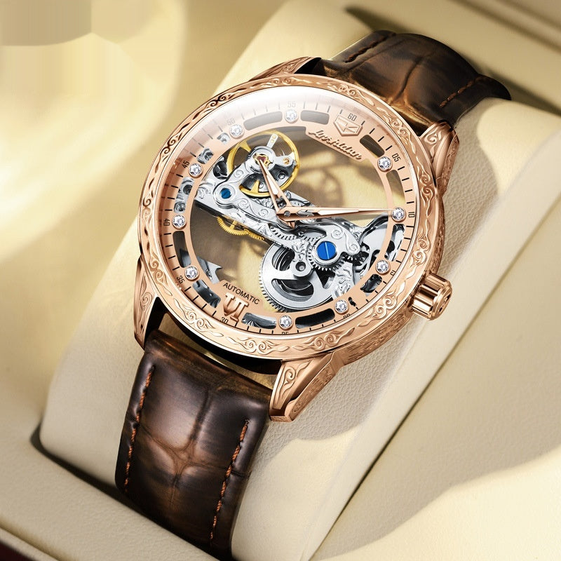 Montre mécanique openwork avec bracelet en cuir imperméable pour hommes