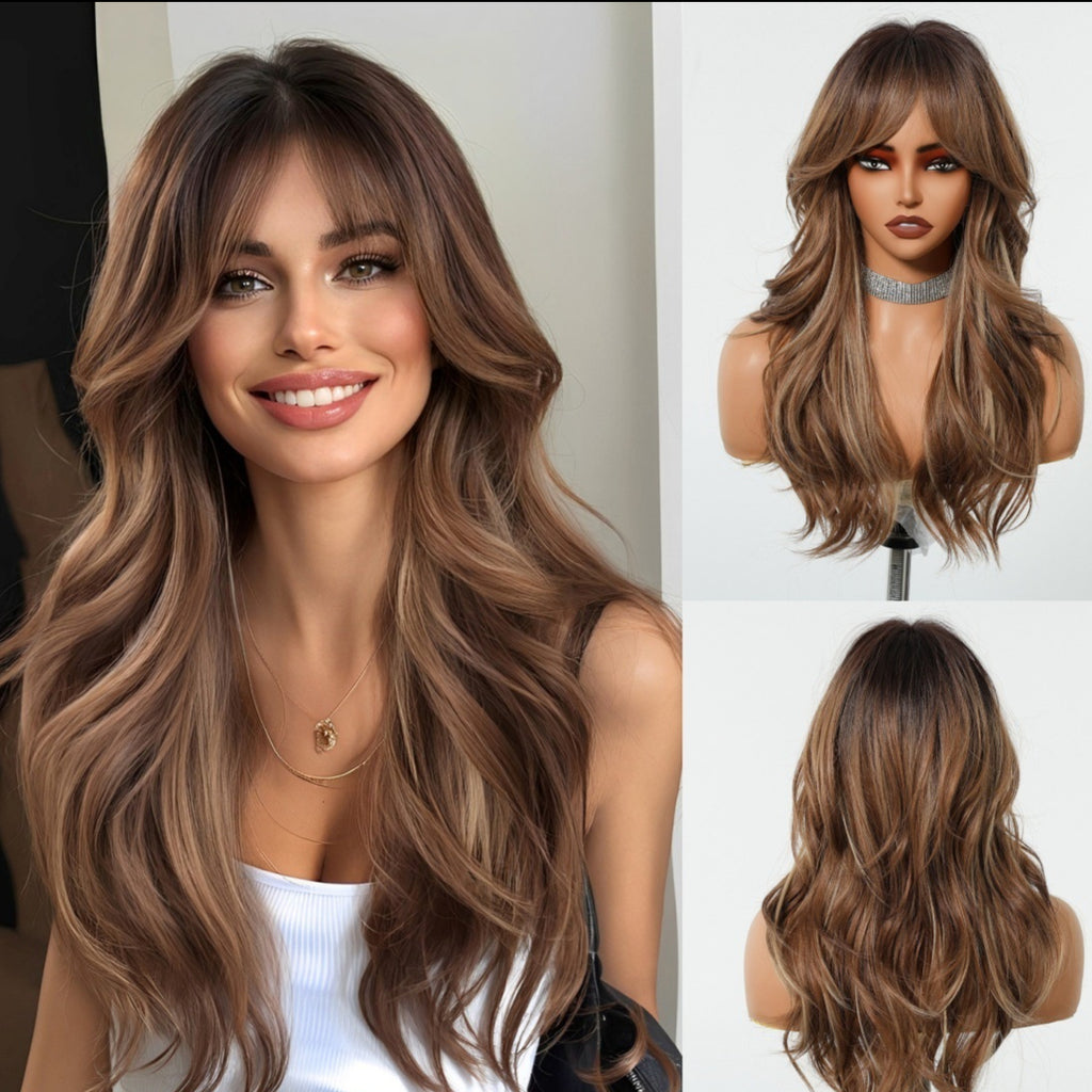 Simulation de bangs naturels à huit caractères Long Curly Wig Cap