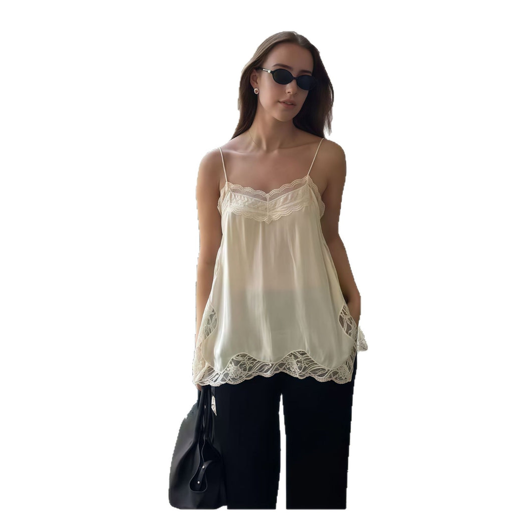 Camisole de style français avec plateau en dentelle et haut de tissu Sheer