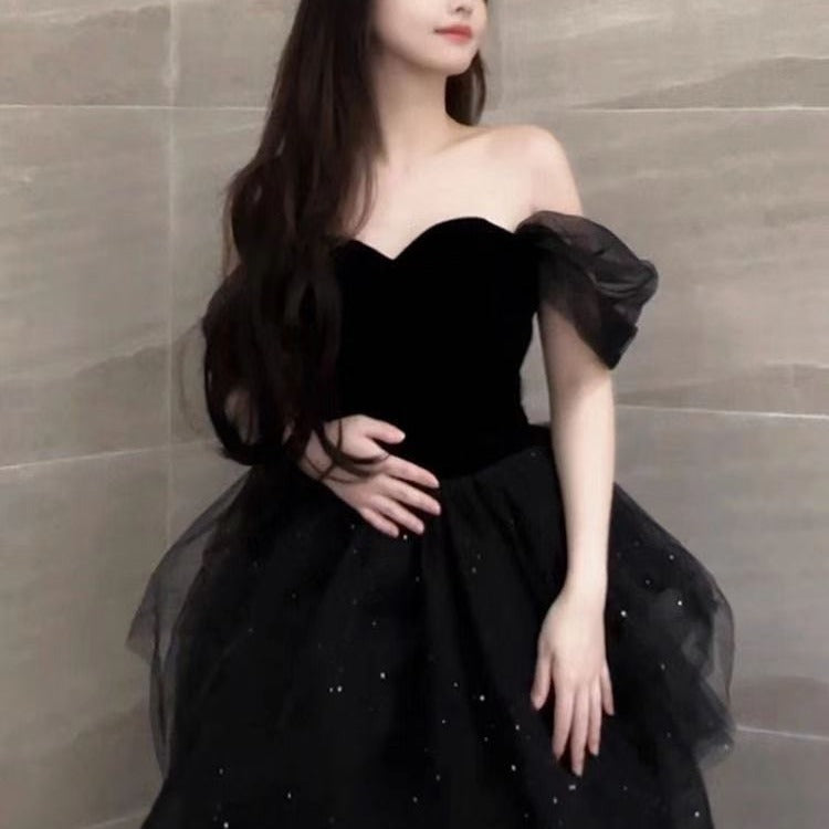 Robe de soirée noire Léger Luxury Minority style français Pettiskirt