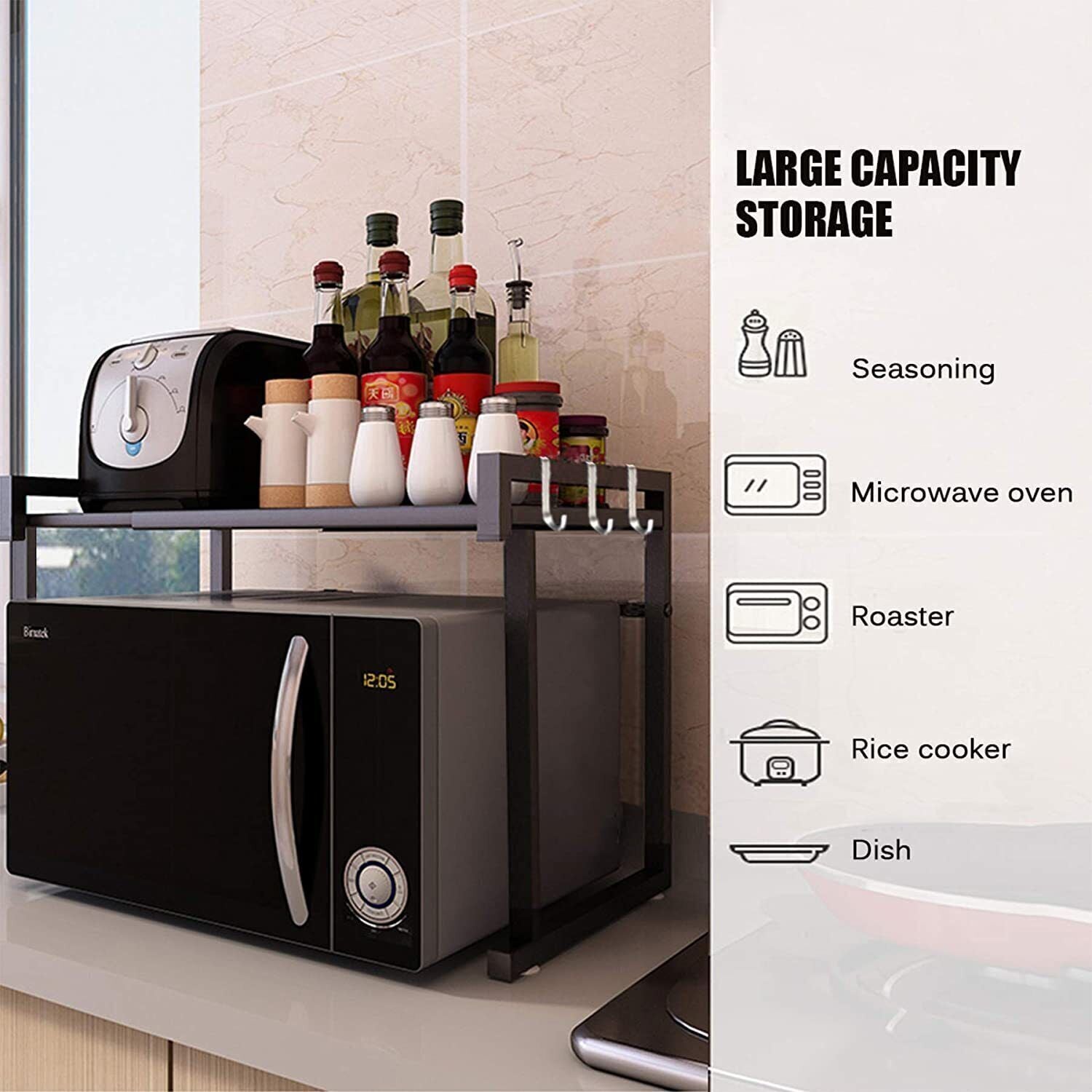 Black monocouche double bar avec 6 crochets et rack de rangement de cuisine extensible