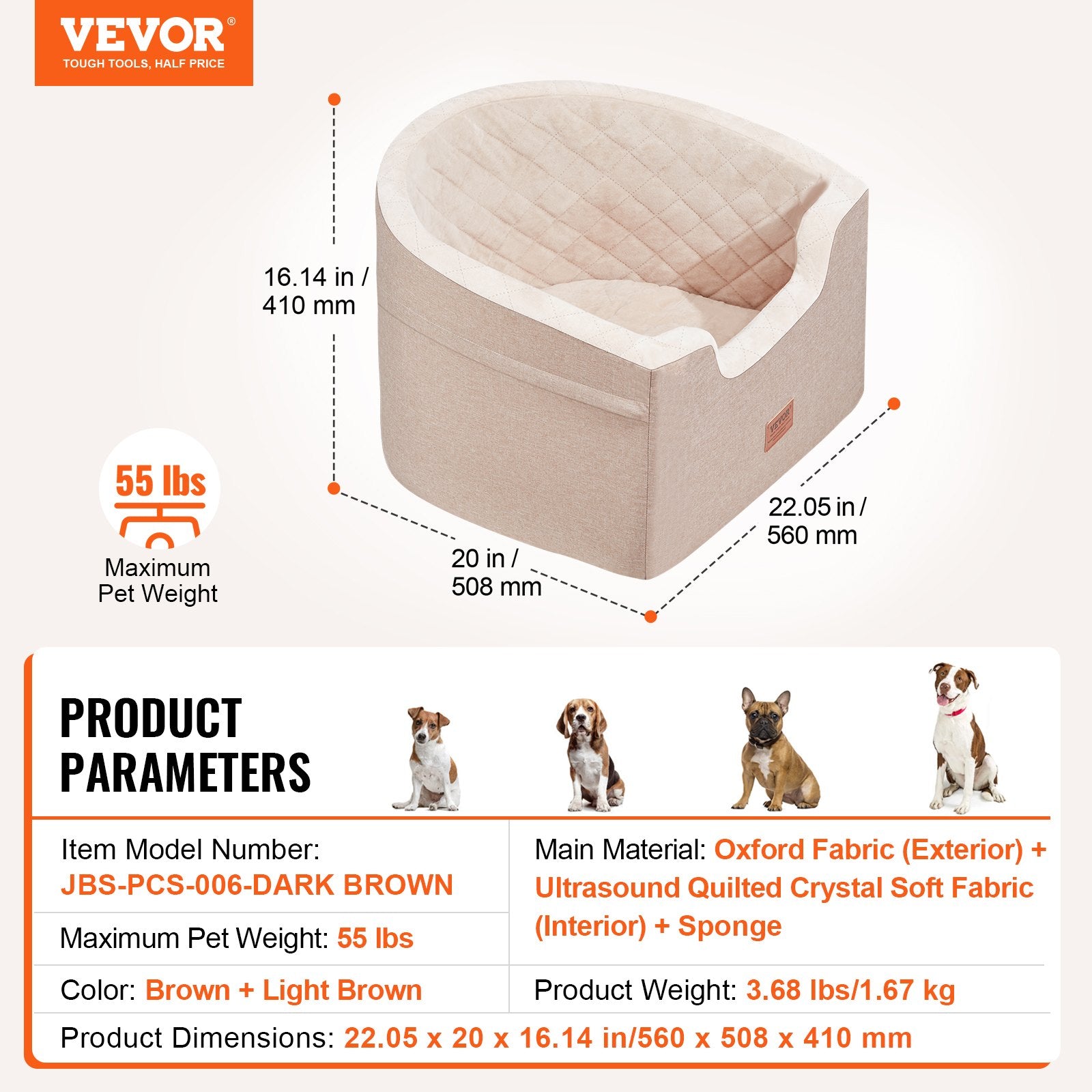 VEVOR Dog Booster Siège de voiture Pet Siège de voiture pour petit chien moyen jusqu'à 55 Lbs Brown