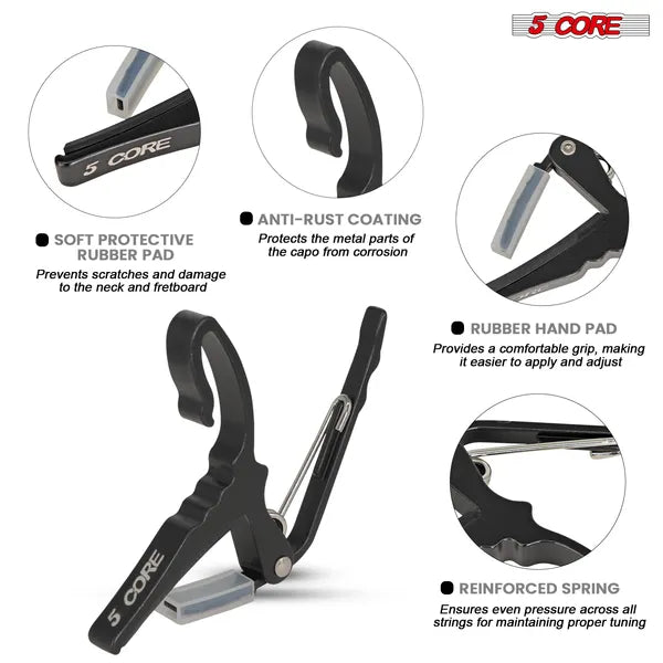5 Core Capo Acoustic Electric Guitar String Clip Banjo Mandolin or Ukulele + 6Pcs Guitar Pi