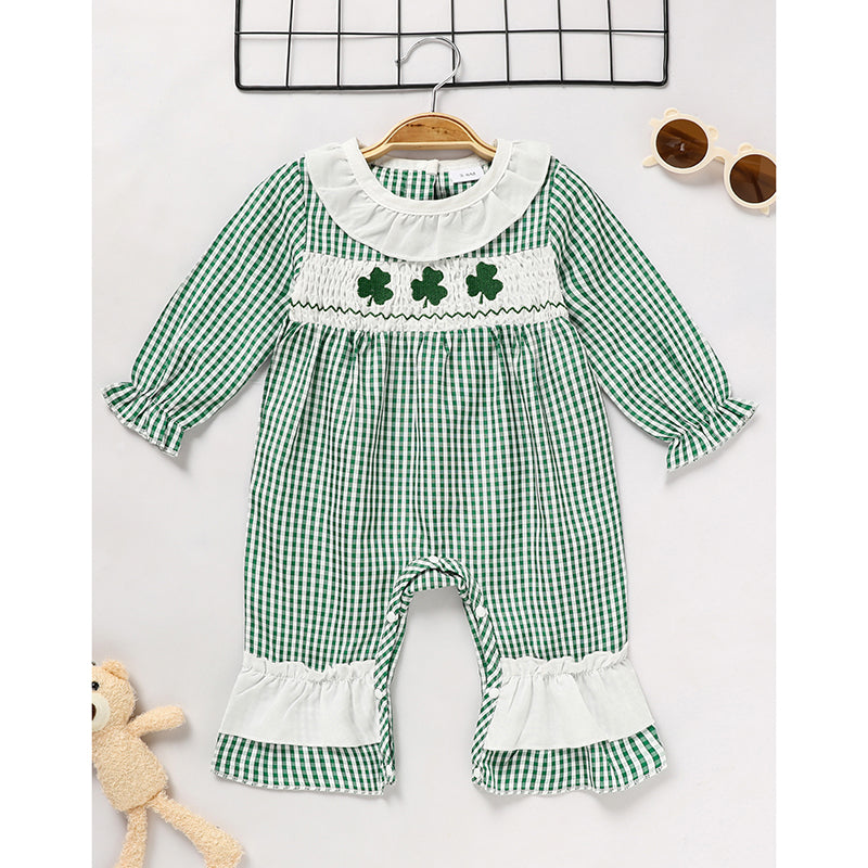 Ewborn Baby Girls Green Plaid Four-leaf Clover Allover Imprimer Bodysui à manches longues en une seule pièce