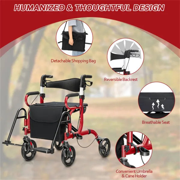 2-en-1 Walker roulant et fauteuil roulant : Réglage de la hauteur de 6 positions (34"-39")