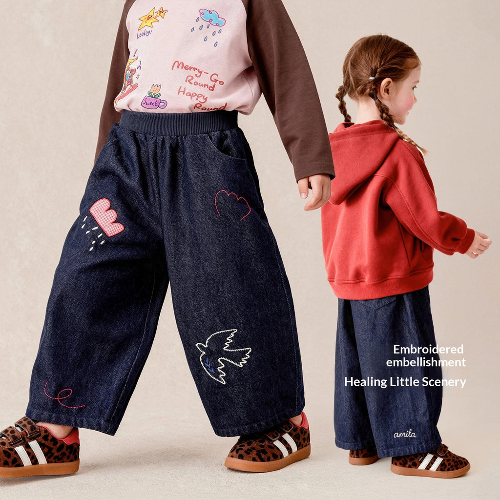 Lettre Broderie large Jambe droit Pantalons de coton Pantalons Printemps Automne