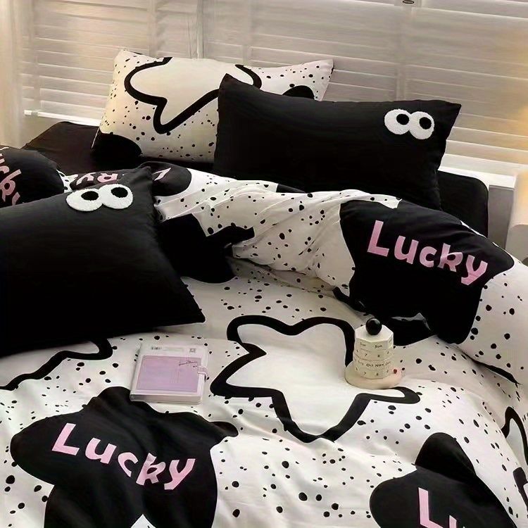 Draps de lit et couverture de couette en coton lavé doux Ensemble de quatre pièces