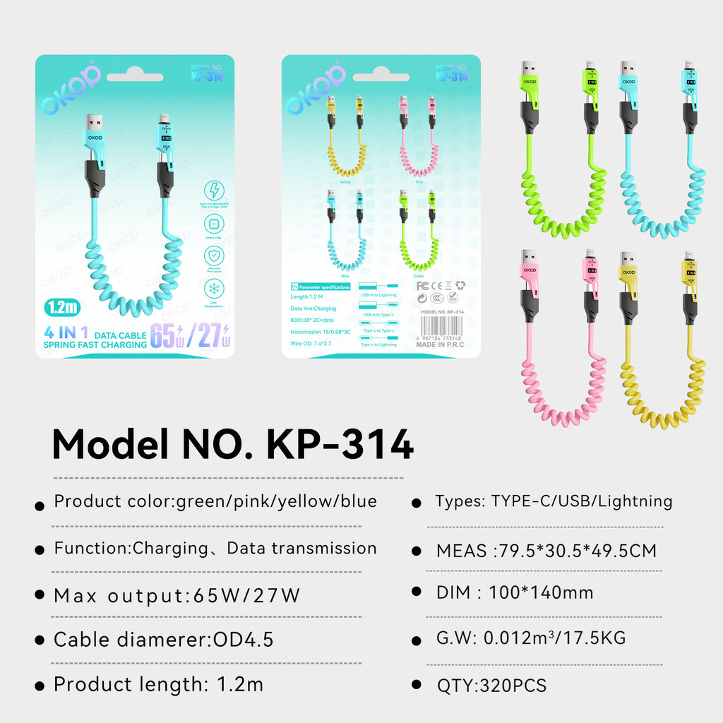KP-314 3-en-1 4-en-1 65W câble de recharge rétractable charge rapide pour le produit Appl Huawe
