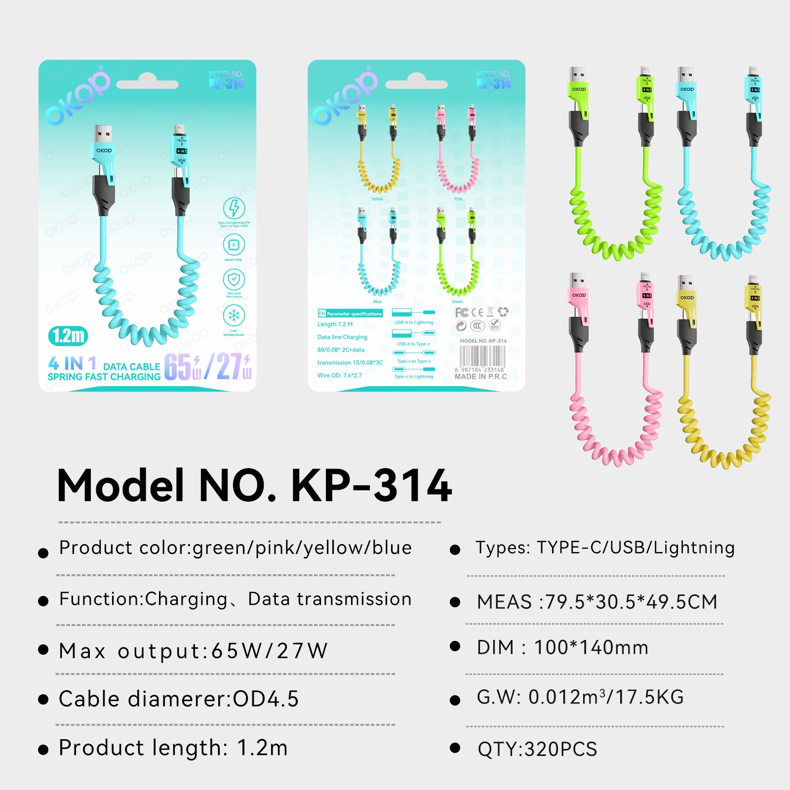 KP-314 3-en-1 4-en-1 65W câble de recharge rétractable charge rapide pour le produit Appl Huawe