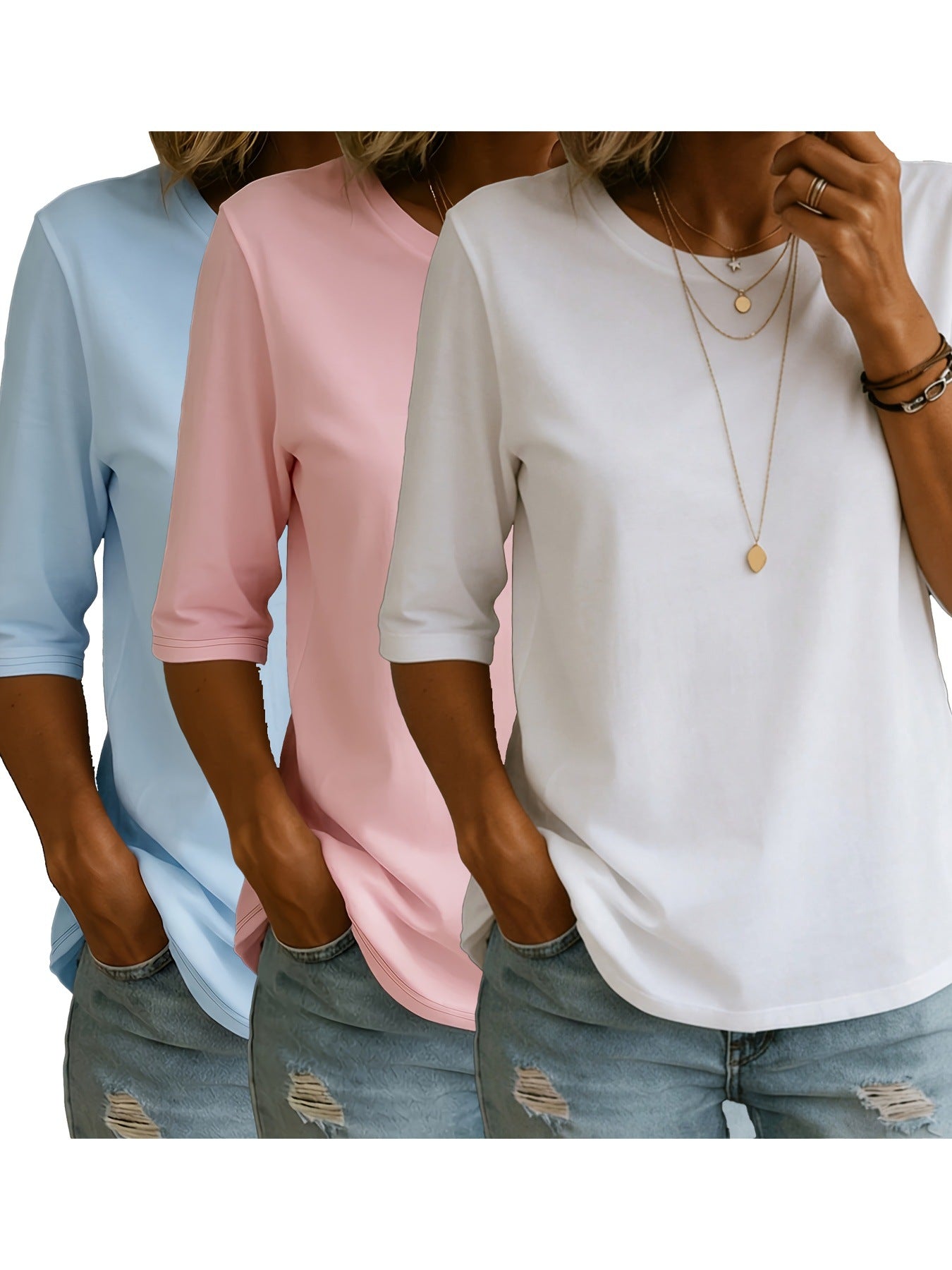 Set T-shirt 3 pièces pour femmes Simple et Casual Solid Color Muji-style