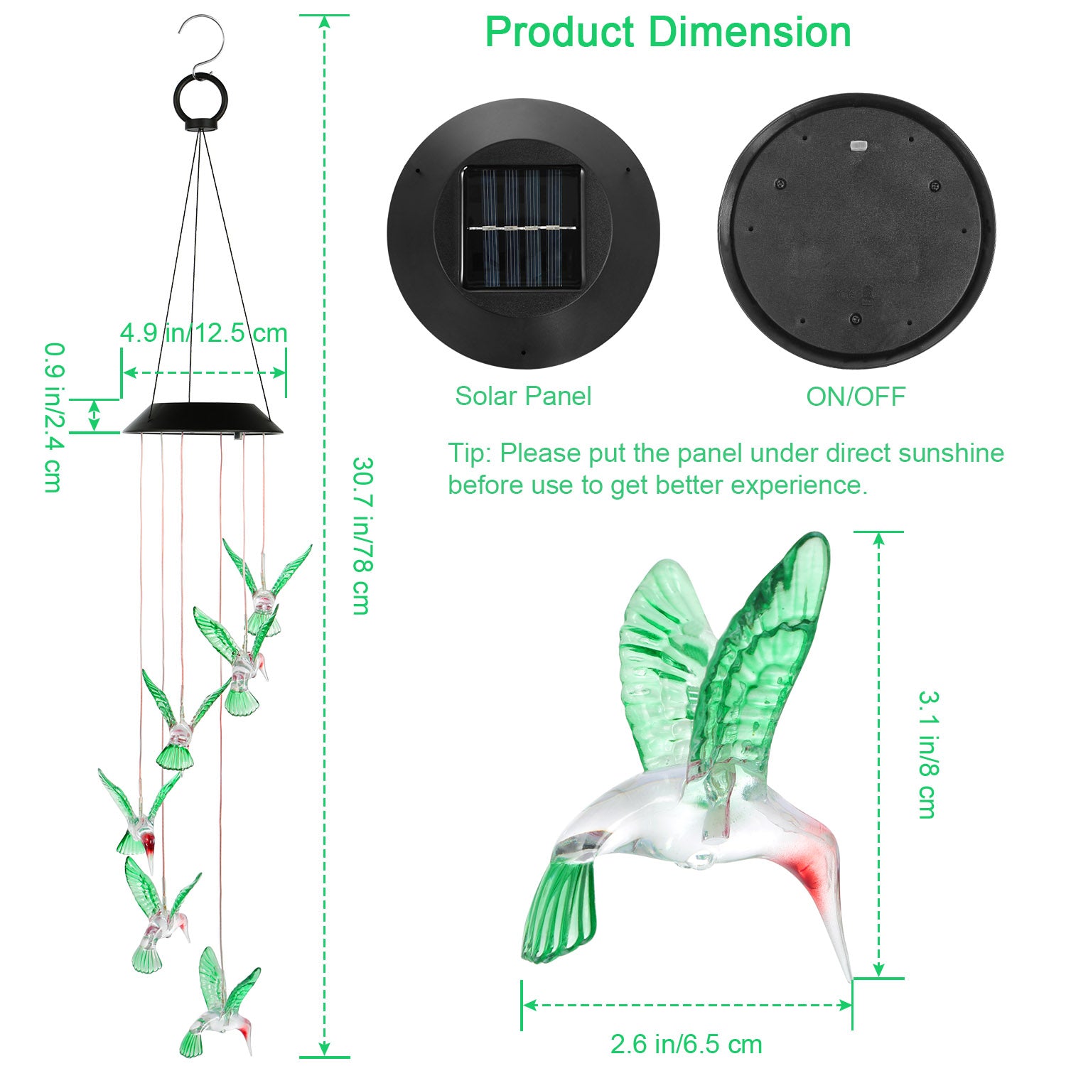 LED Solar Hummingbird Wind Chime for Spring Solar String Lights 6 LEDs Color-Changing IP65