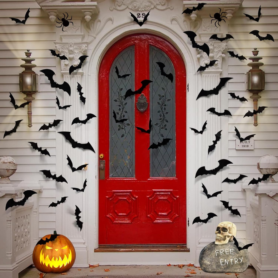 Stickers Decor mural pour chauve-souris Halloween 100Pcs - Décalques de chauve-souris en PVC noir 3D pour spooky intérieur et extérieur
