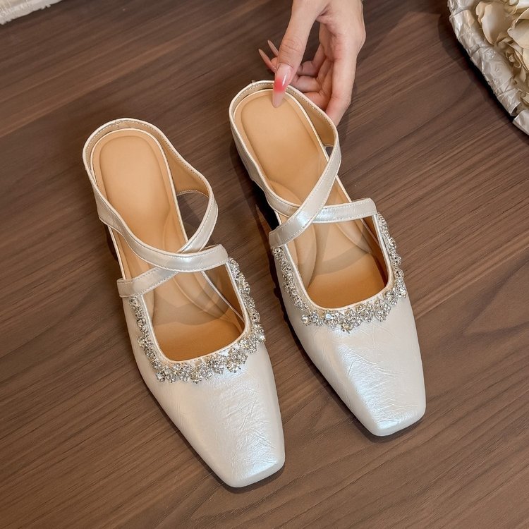 Femmes Square Toe Hollow Strass Platform Mule Sandales