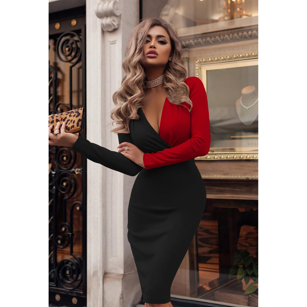 Jupe européenne et américaine Deep V Plied Colorblock Hip