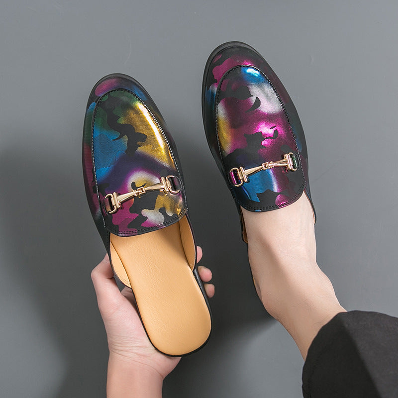 Style Fermé orteil demi-dépliant-Flops Hommes Couleur métallique Sandales en cuir coupées en V peu profond