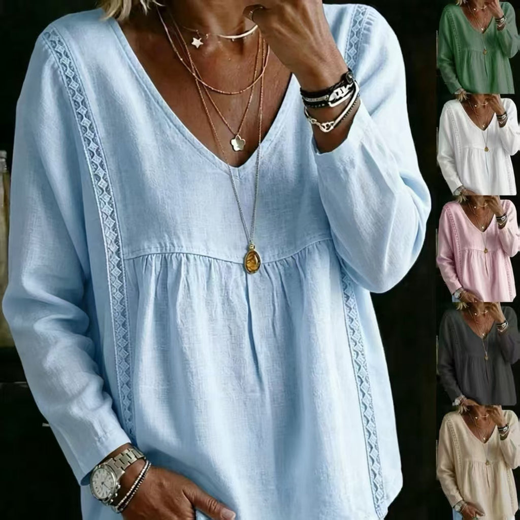 Blouse à manches longues en dentelle V pour femmes