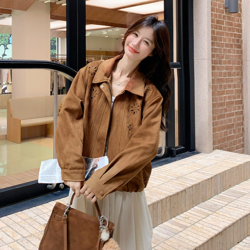 Printemps et automne Crochet Hollow-out Floral veste en cuir-fleece