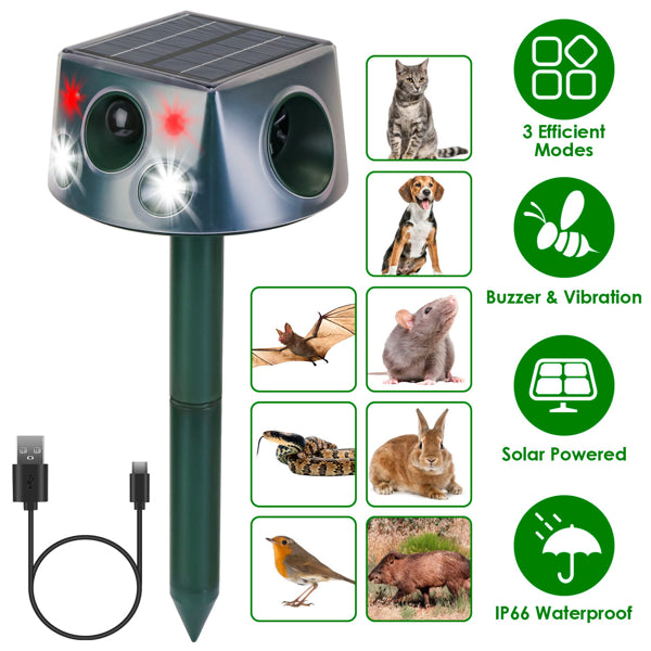 Solaire & Type-C Rechargeable Animal Repeller - 3 modes Ultrasonic+Buzzer+ Vibrations