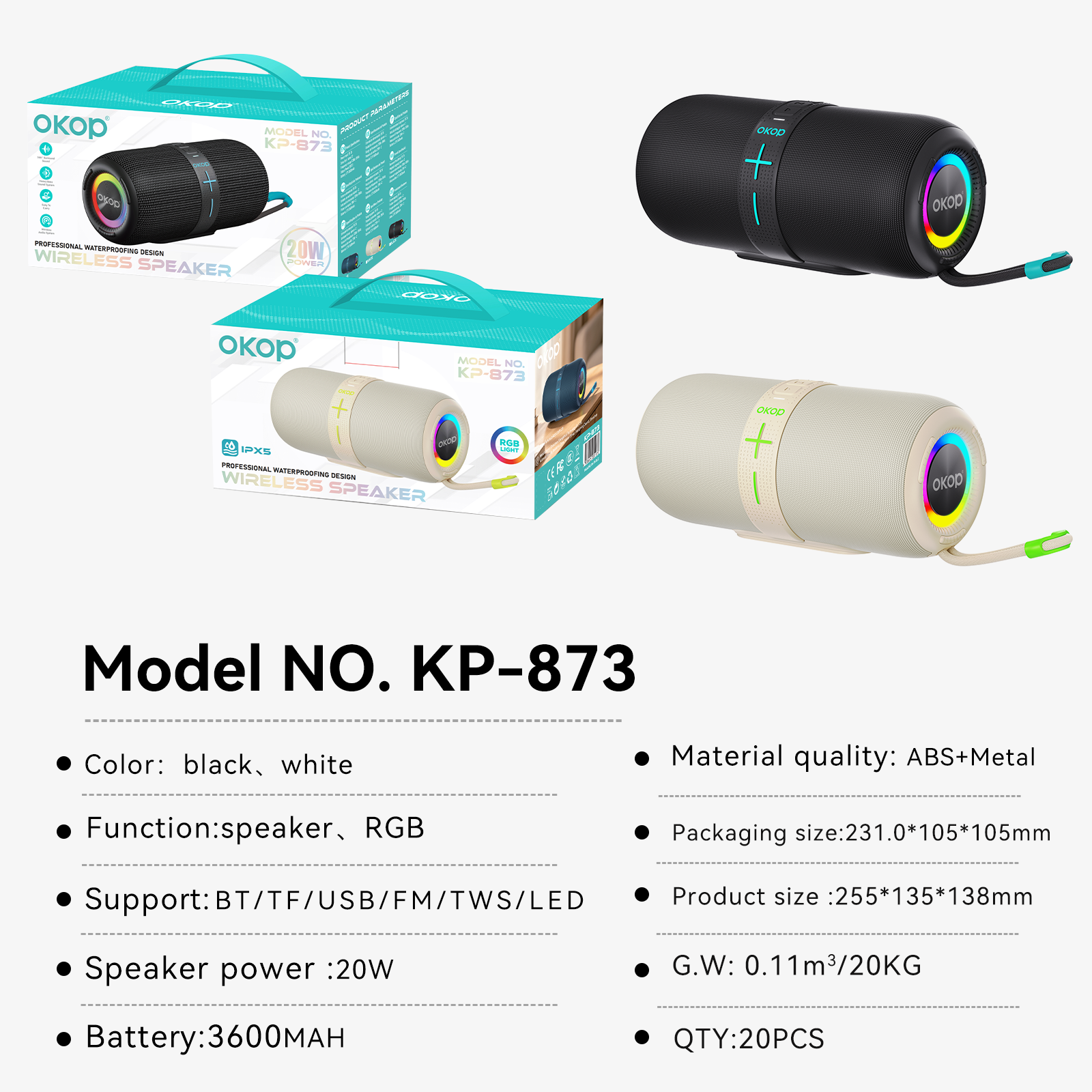 Haut-parleur Bluetooth sans fil KP-873 le plus vendu avec éclairage RGB
