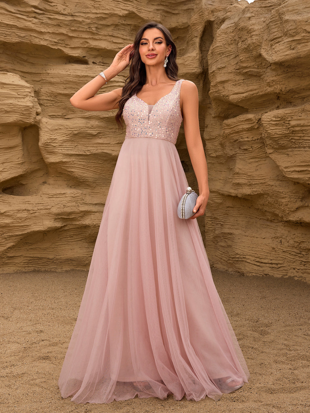 Robe de soirée à mailles pailletées Double V-Neck