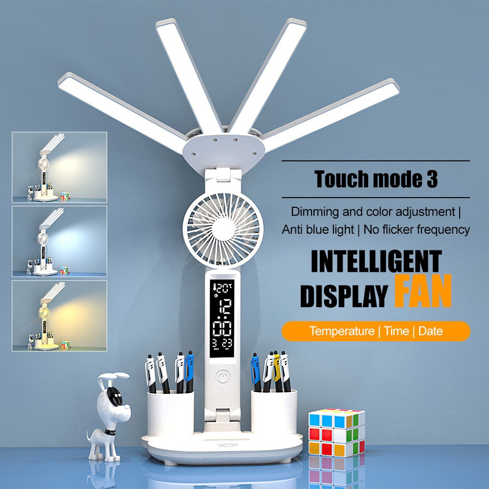Lampe de lecture de bureau LED 4 têtes avec horloge d'éventail réglable lampe tactile rechargeable