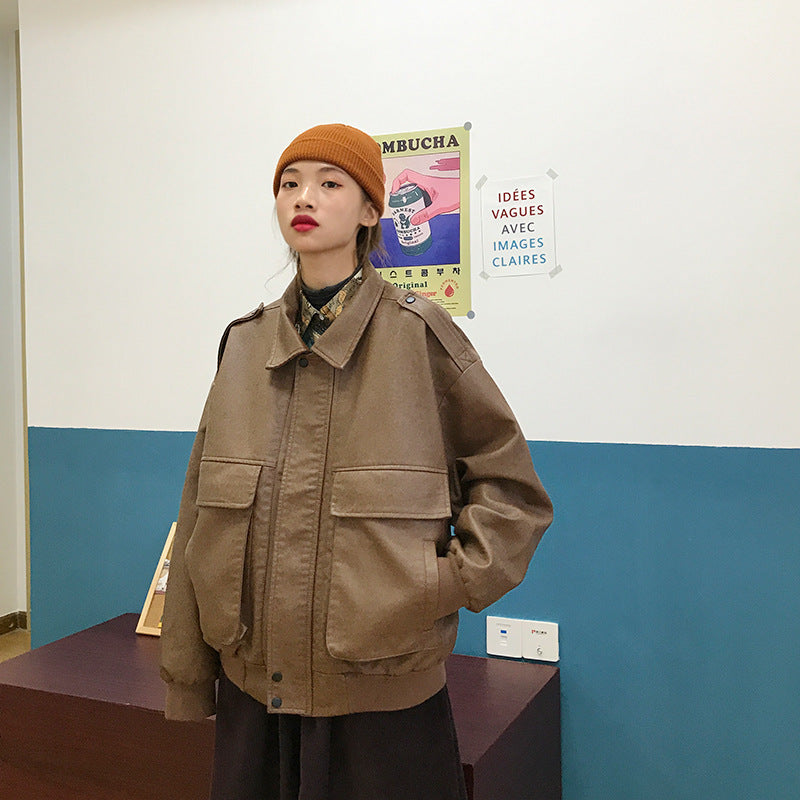 Veste de style Ins Hong Kong pour femme en cuir rétro