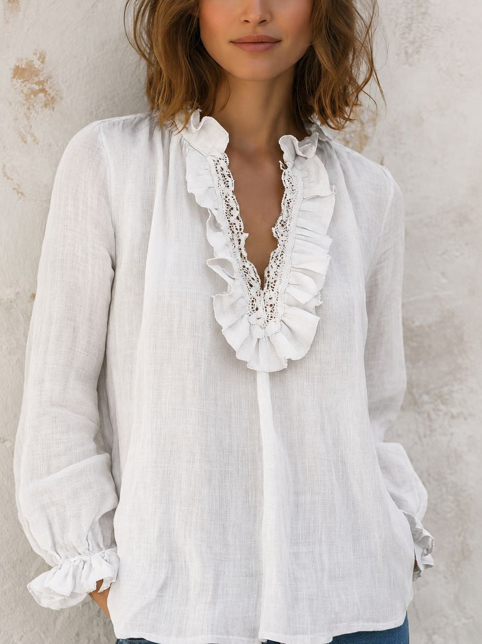Femmes Deep V-neck Dentelle Loose-fit Blouse Chemise de style français