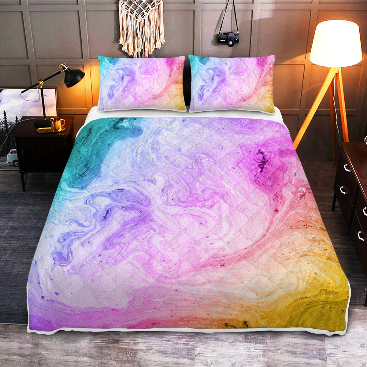 Ensemble de literie en marbre arc-en-ciel souple en microfibre Pastel