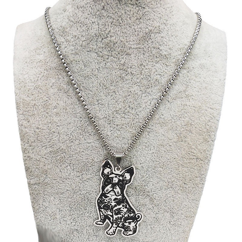 Collier pendentif bulldog français mignon en acier inoxydable à huile noire pour les femmes