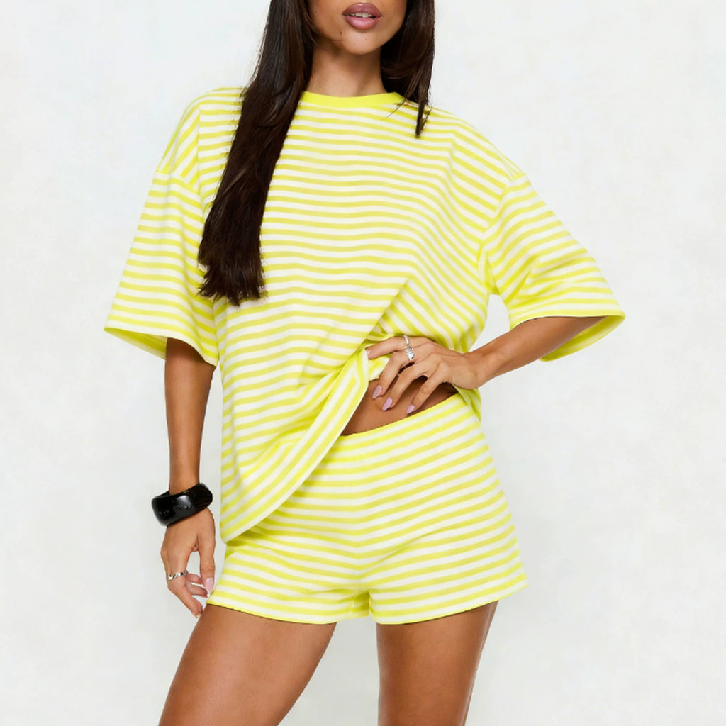 Ensemble de shorts à manches courtes à cordon rayé pour femmes mode