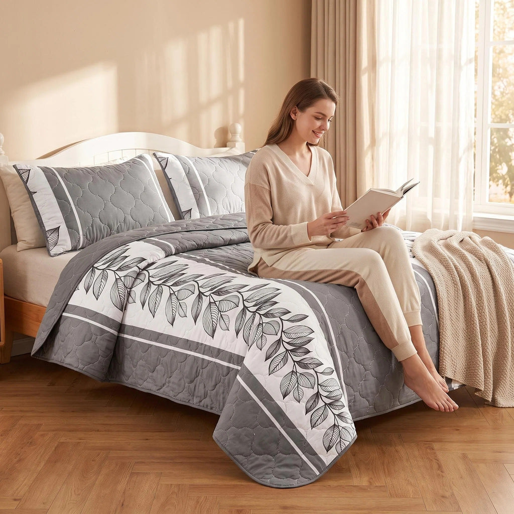 3-Piece gris et blanc bande de lit matelassé pour roi et roi de Californie