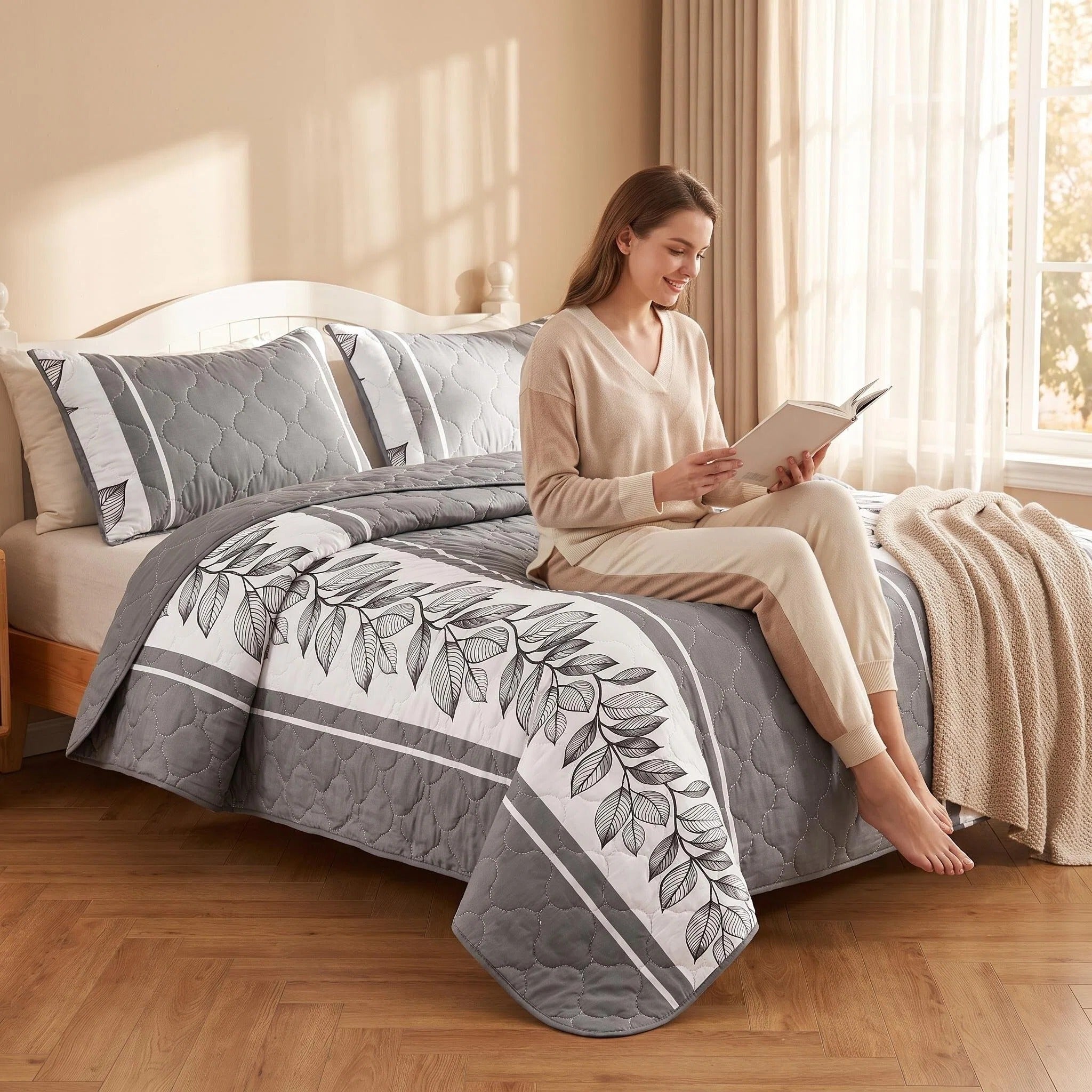 3-Piece gris et blanc bande de lit matelassé pour roi et roi de Californie