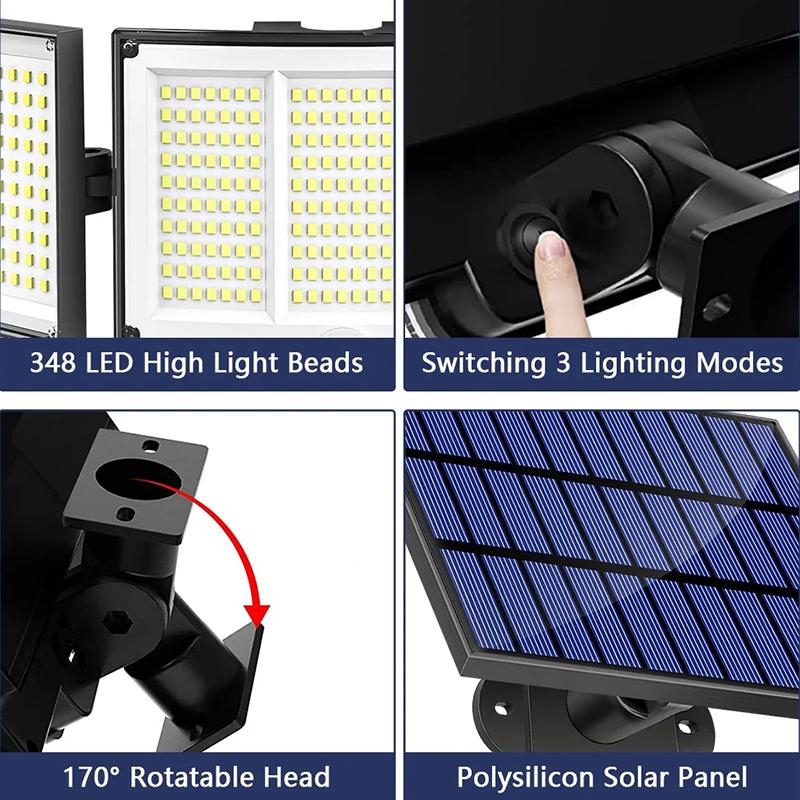 1-Pack lumière solaire extérieure 348-LED détecteur de mouvement avec télécommande 3 têtes