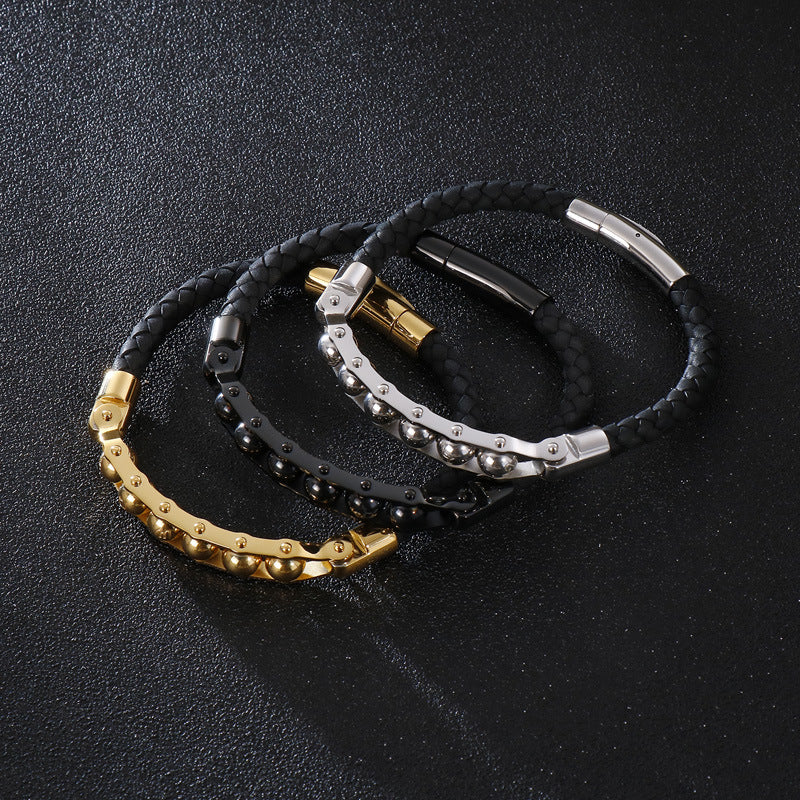 Bracelet en cuir tressé en acier inoxydable rotatif pour homme