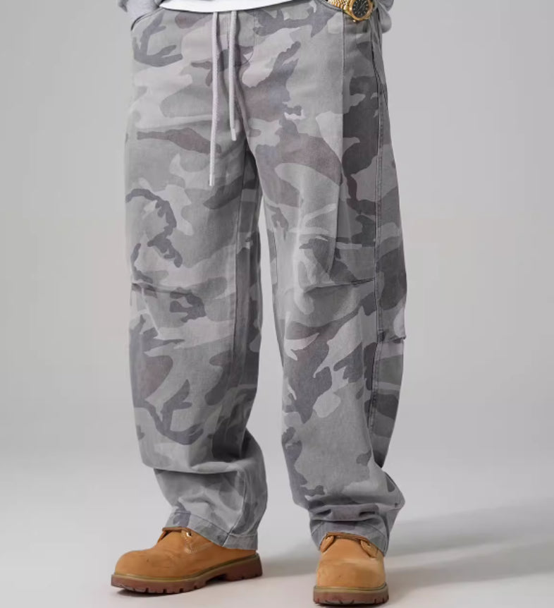 Style américain Retro Cotton Pure Camouflage Pantalon de travail Pied droit Loose Fit with A Tirages