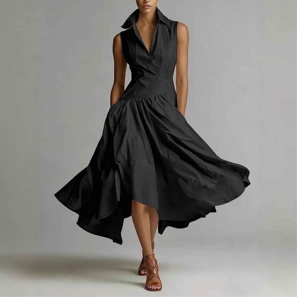 Robe de mi-long avec col en chemise et sans manches