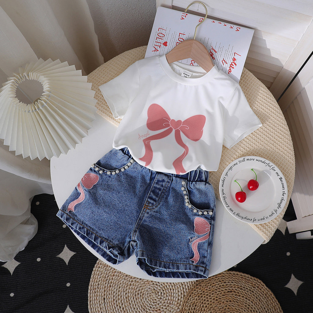 Filles Col rond Imprimé Top et Denim Jeans Set
