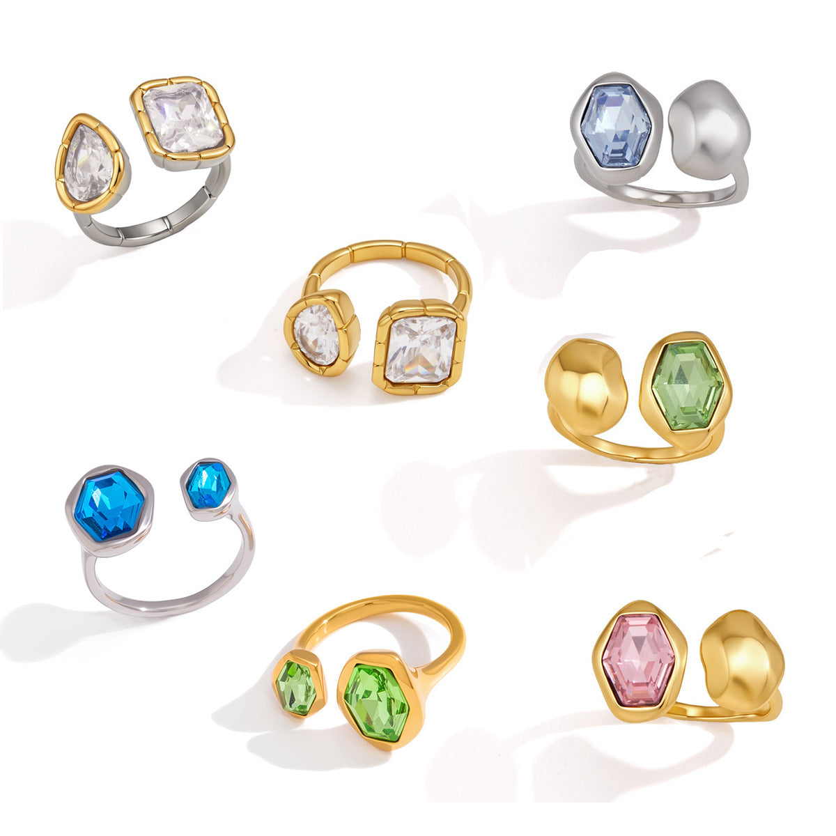 Anneau ouvert de luxe léger avec Zircon coloré et acier au titane