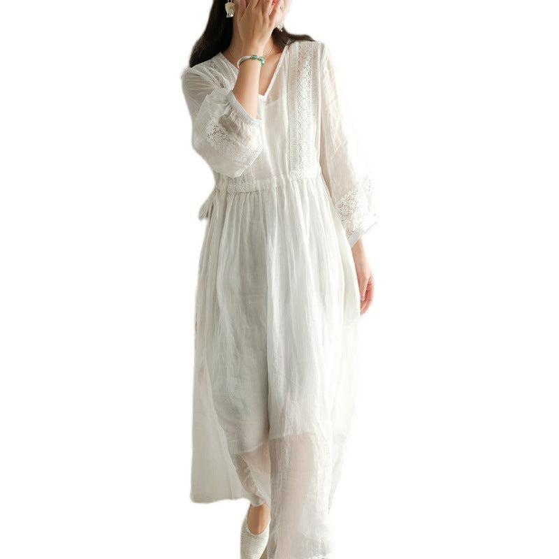 Confortable et modeable Simple à sept manches Style artistique Robe en dentelle Long Col V F