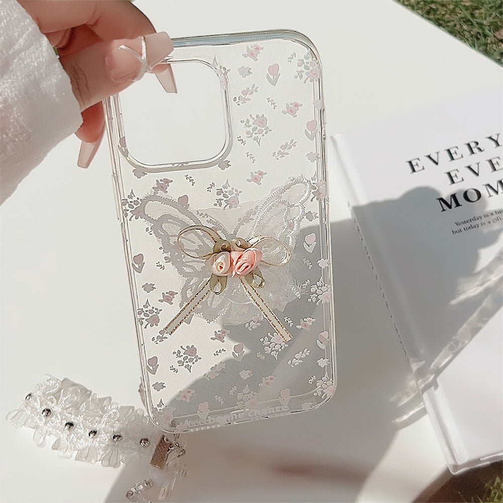 Aesthetic Embroidered Flower Phone Case with Transparent Lace Pendant