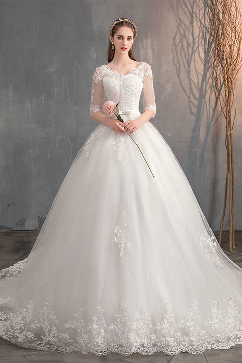 Robe de mariée Trailing Deep V Col Dentelle Haute Robe de mariée à manches longues