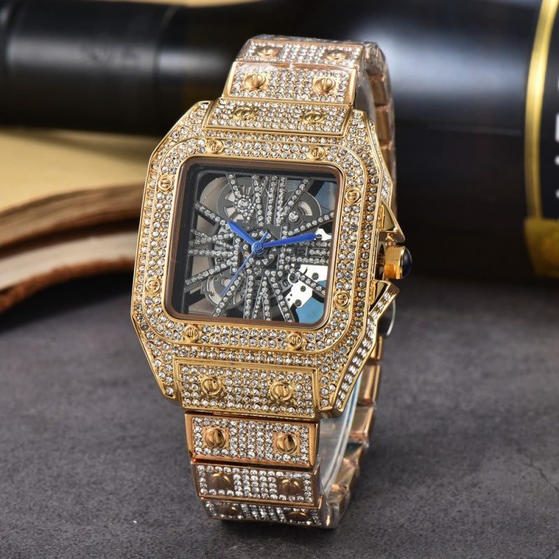Square diamond-encrusted quartz movement steel bracelet