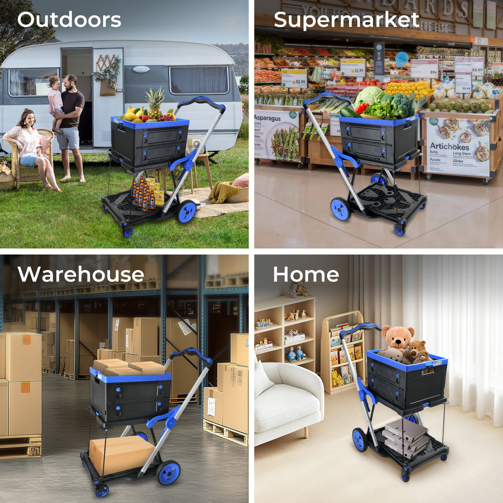 Chariot pliant 2-Tier Multi-Utilisation Fonctionnel Chariots Collapsibles Shopping Chariot avec Roues Sh