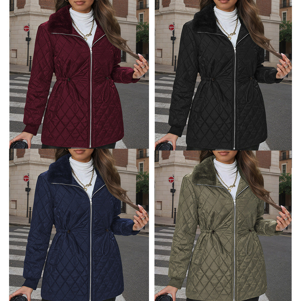 Diamond Quilted Pattern Integrated Drawstring Thick Fleece Lapel Mid-length Cotton