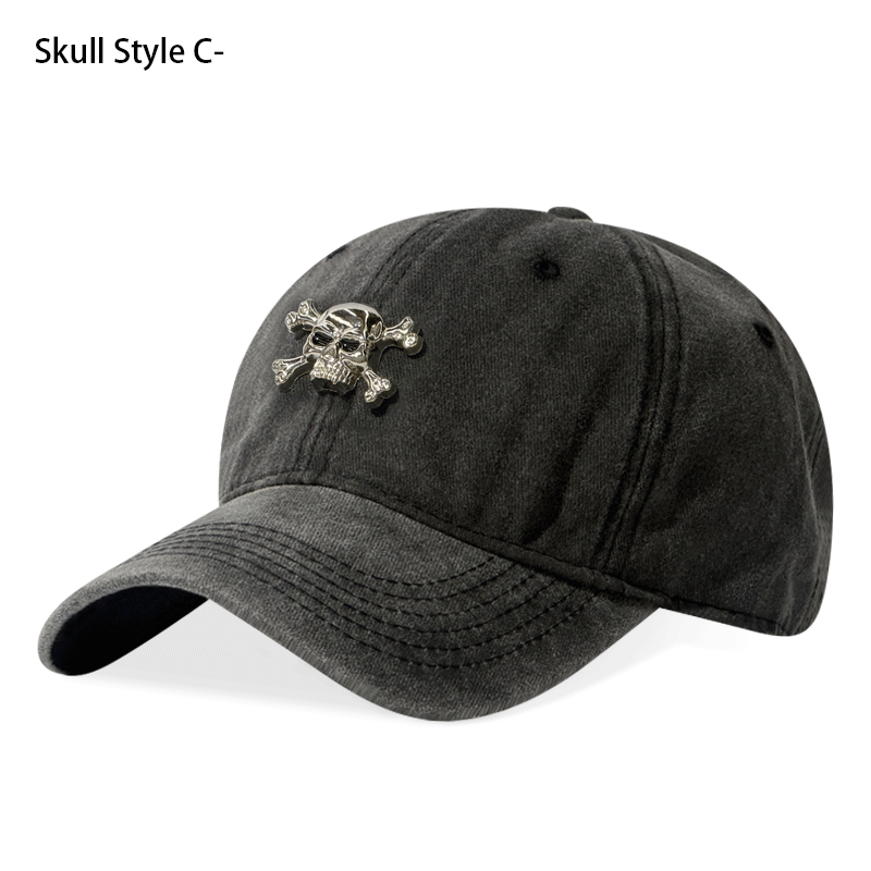 Vintage Crâne lavé Casquette de baseball 3D en métal Emblem réglable Unisex Dad Hat Streetwear