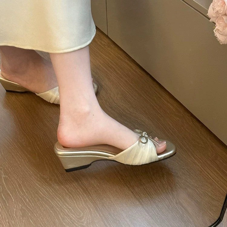 Été Femmes Français Bow Chunky Talon Une Sangle Diapositive Sandales Elégant Toe Square Toe Open Toe Mi