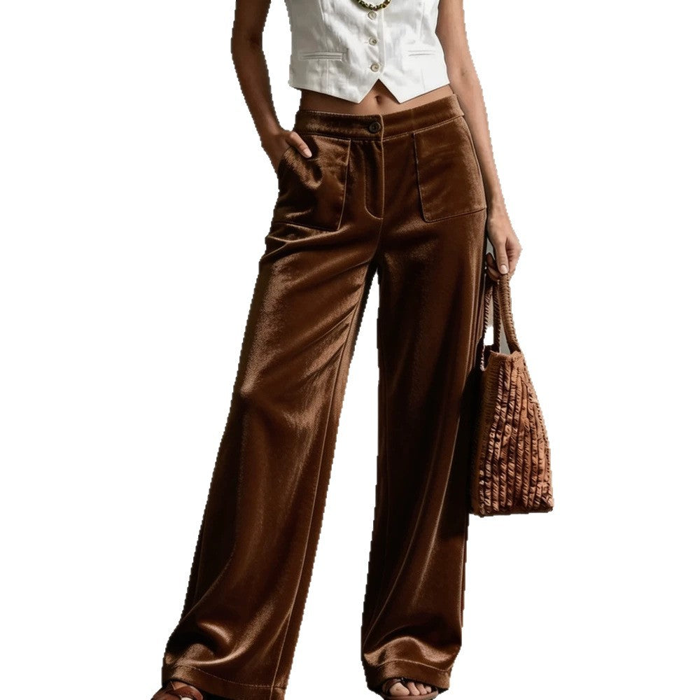 Pantalon casual avec poches pour femmes Velvet lisse de couleur unie