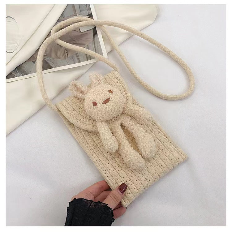 Été Cotton Rope Woven Phone Bag avec le design floral mono-épaule style