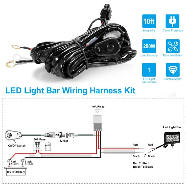 Kit d'harnais pour barre de lumière LED 280W 12V 40A Power Relay Fuse On Off Interrupteur 10ft Longueur U